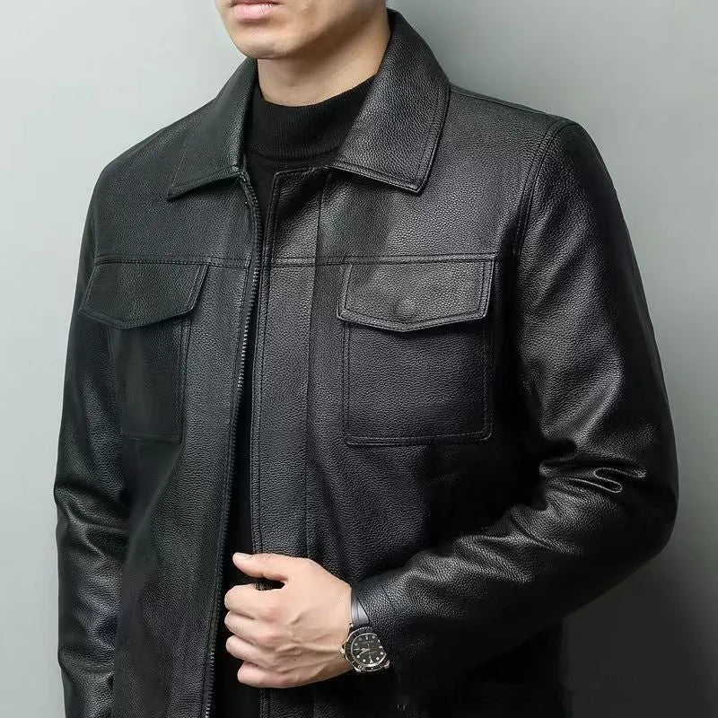 Men's retro short slim PU leather coat in black, front view