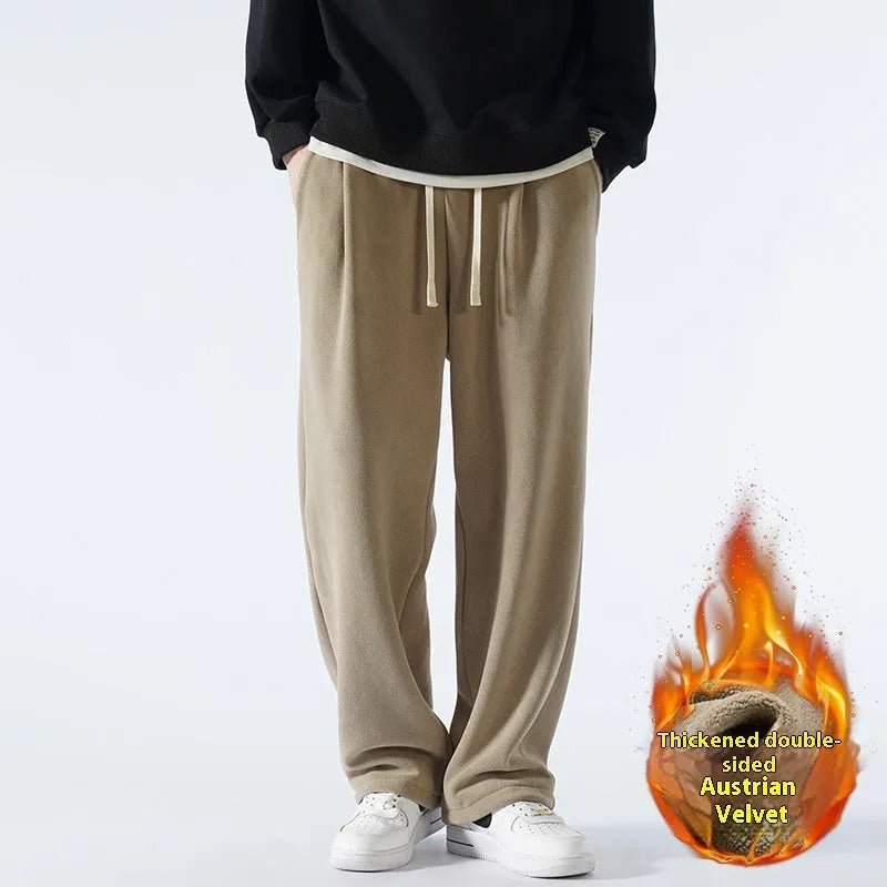 Men's apricot fleece-lined loose sports casual pants with drawstring waist