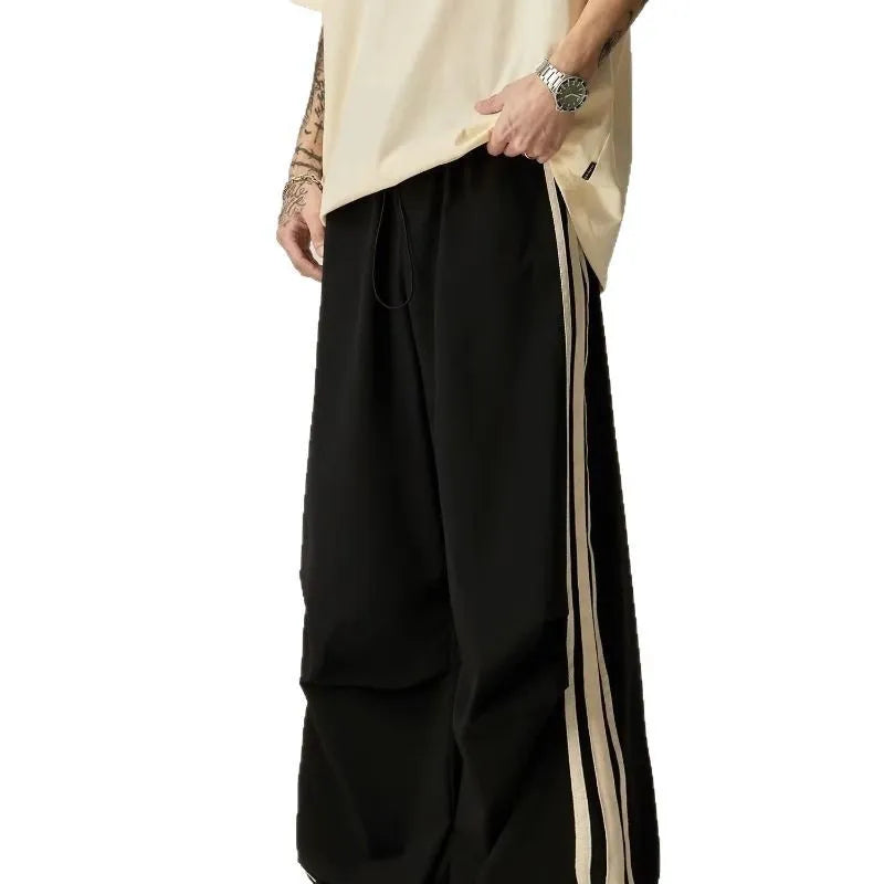 Black men's wide leg climbing trousers with high waist and straight leg design