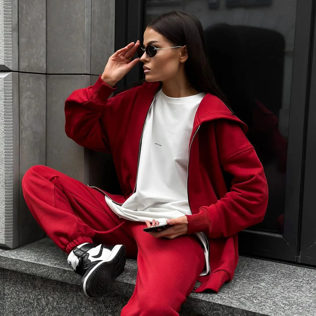 Red loose fit street style long sleeve coat and trousers two-piece set on a hanger