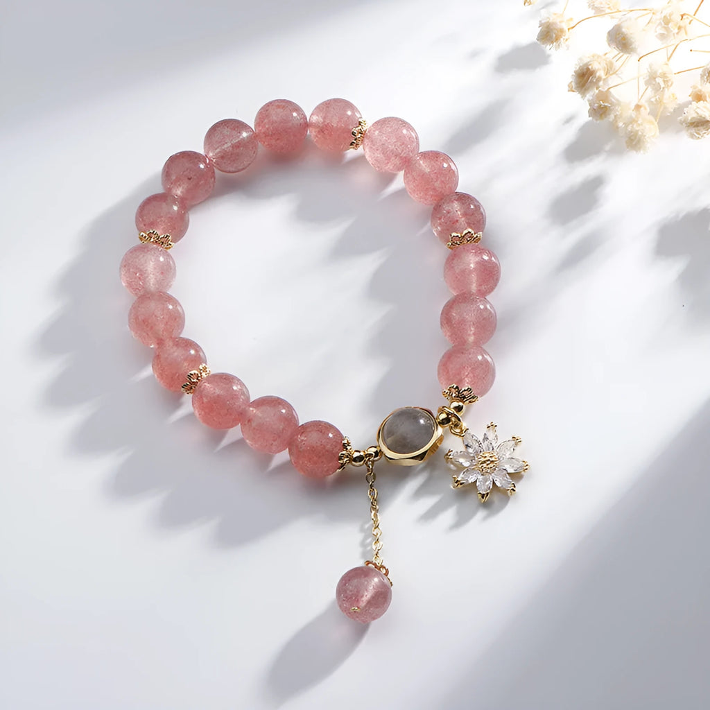 Natural strawberry quartz crystal bracelet with electroplated floral charm in Mori style