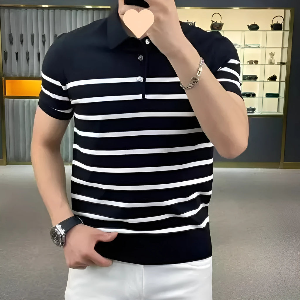 Striped lapel knitted t-shirt pullover in polyester blend available in black and white colours