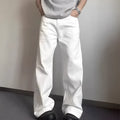Men's white straight-leg denim jeans with wide leg opening and zip fly