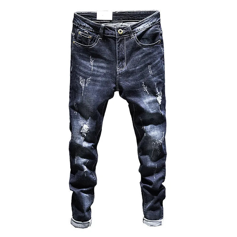 Men's slim-fit skinny jeans in dark blue and light blue denim options