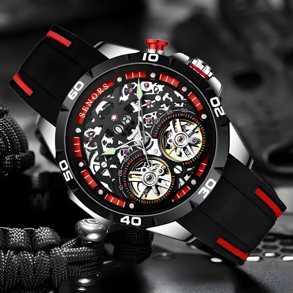 Automatic mechanical men's watch with luminous hollow dial in business style, showing red and blue colour options
