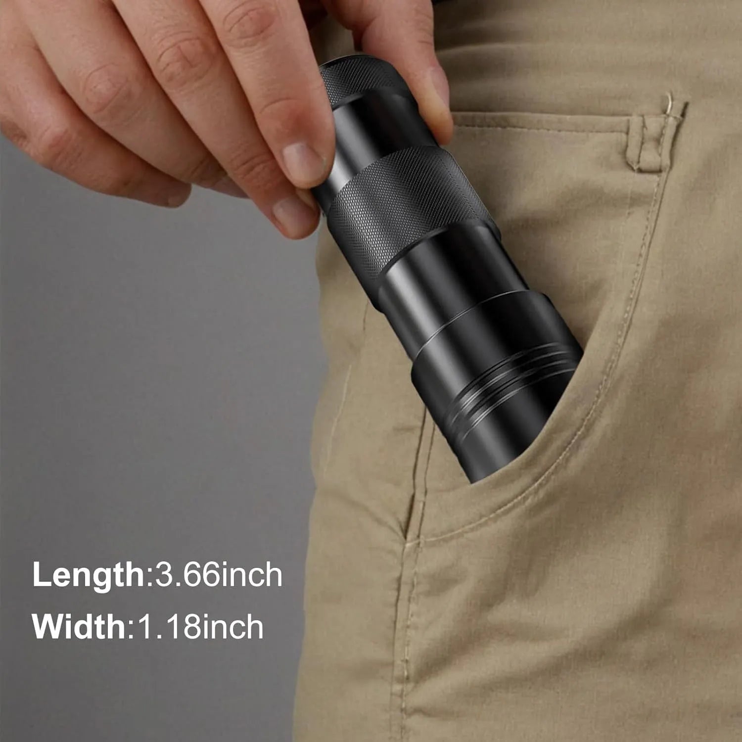 Black aluminium UV flashlight with purple LED for detecting stains and pests.
