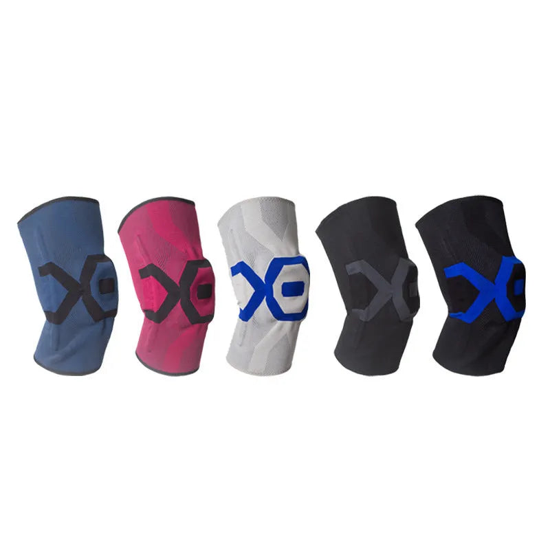 A pair of flexible silicone knee pads for sports, shown in a black and blue colour combination.