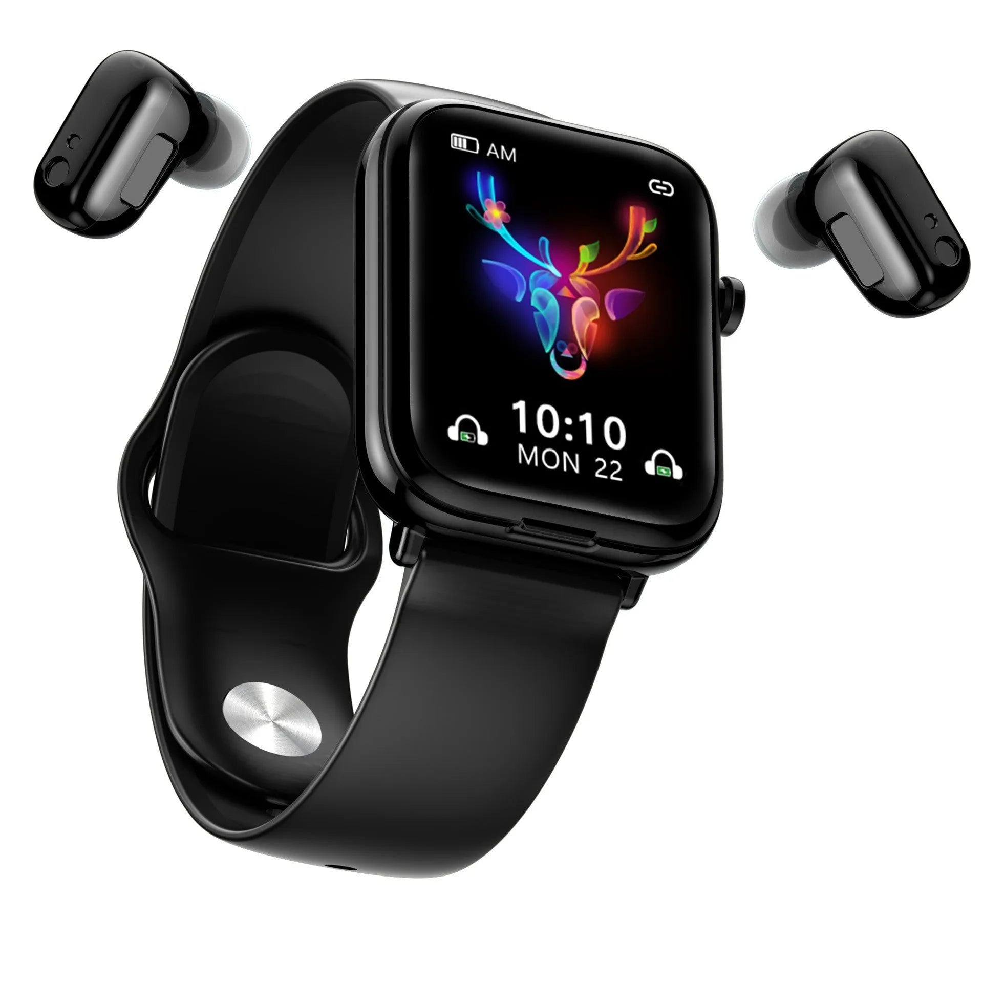 Black smart watch with integrated Bluetooth earbuds showing 1.69 inch touch screen display