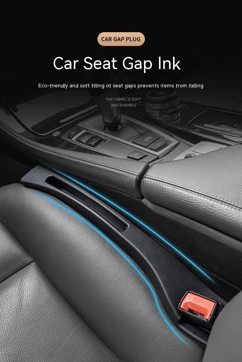 Black car gap storage box with handle placed between vehicle front seats