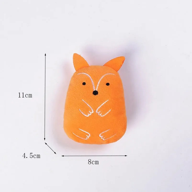 Four small plush cat chewing toys with catnip and squeakers for teeth grinding play