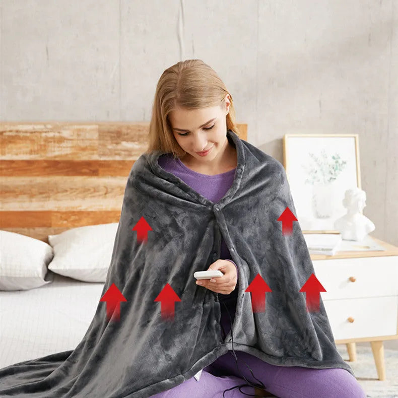 Dark grey USB heated blanket shawl made of coral fleece with controller, 150x85cm