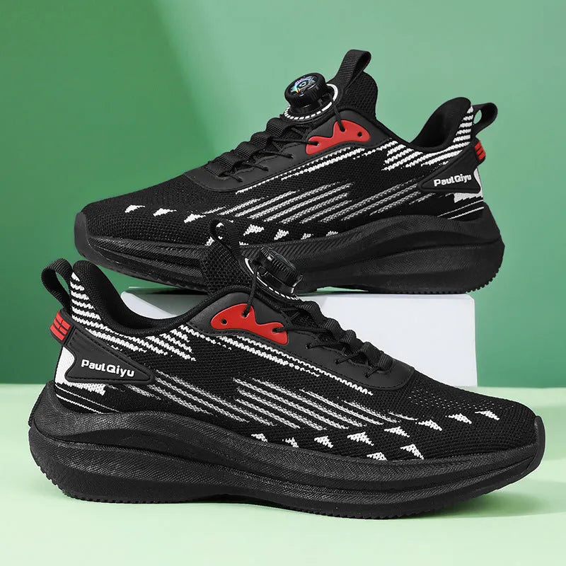 Men's black casual sports shoes with rotating buckle and fly-knit mesh upper
