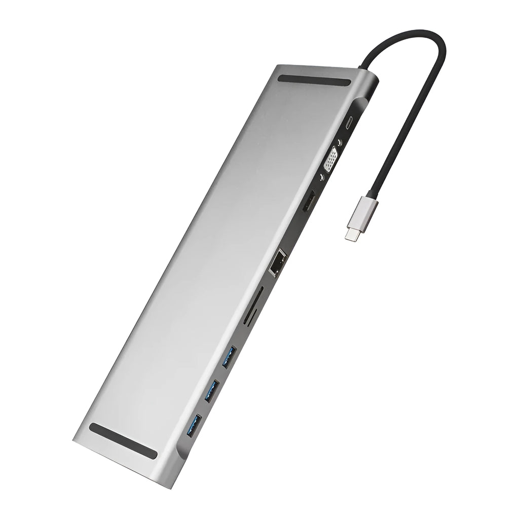 Aluminium ten-port laptop docking station and cooling hub showing HDMI, USB, and Ethernet ports.