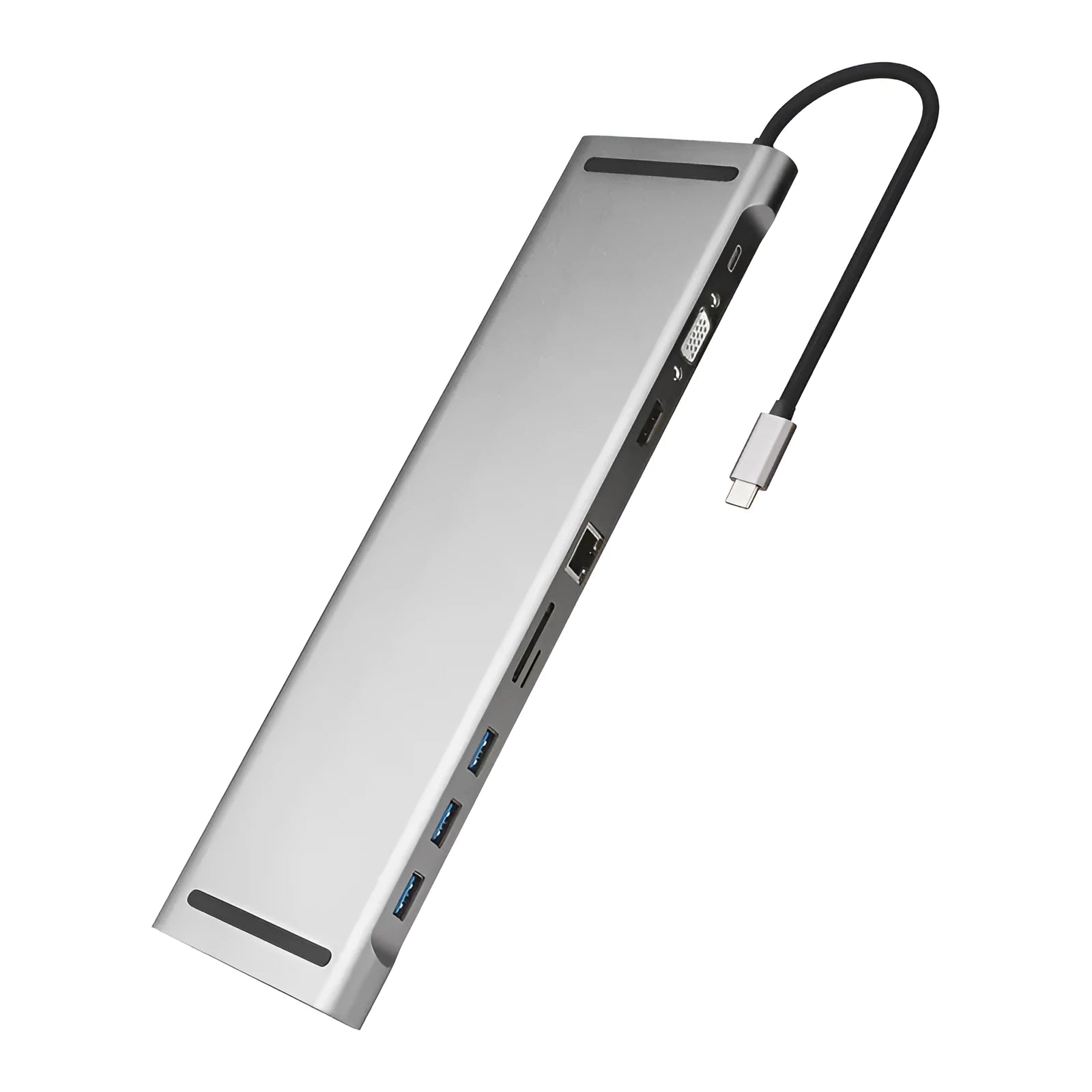 Aluminium ten-port laptop docking station and cooling hub showing HDMI, USB, and Ethernet ports.