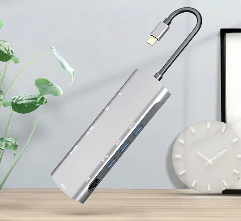 Grey aluminium USB-C docking station with HDMI, VGA, USB ports and 140mm cable