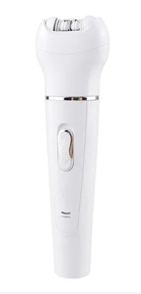 White 5-in-1 electric face and body massager scrubber with 5 interchangeable heads and rechargeable base
