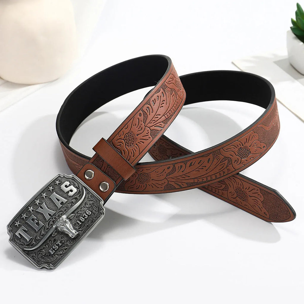 Brown PU leather belt with alloy cow head buckle, 120cm length, western retro style