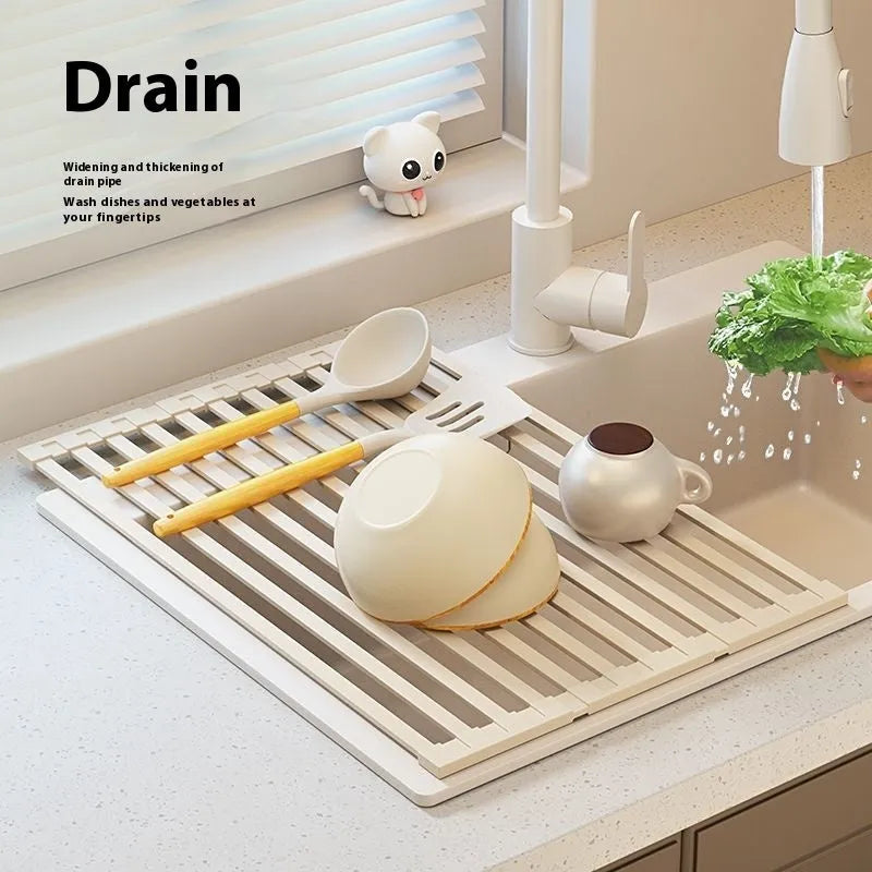 Milky White foldable stainless steel kitchen draining rack shown folded and unfolded.