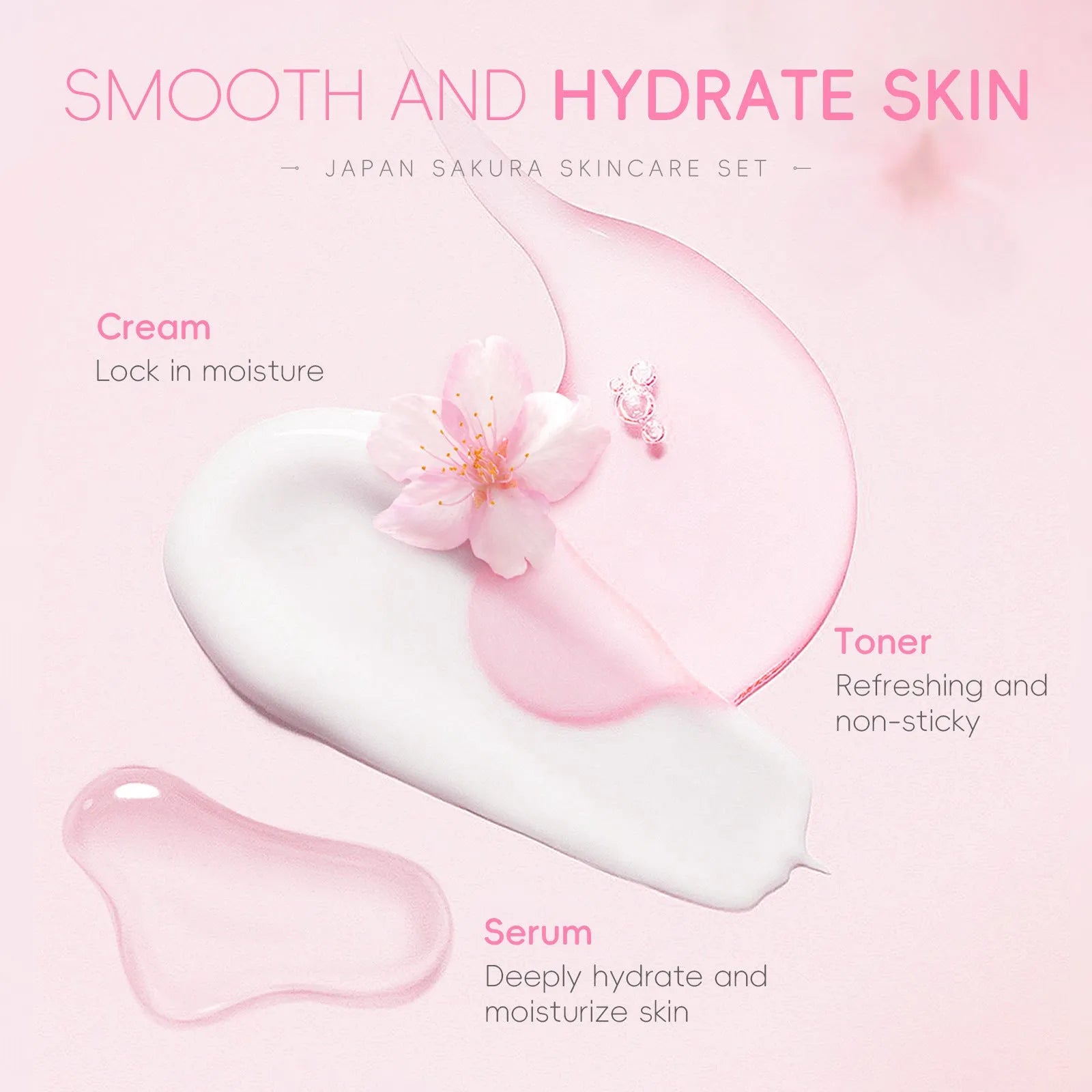 Cherry Blossom 6-piece skin care set with cleanser, toner, cream, essence, eye cream and cream for cleansing and brightening