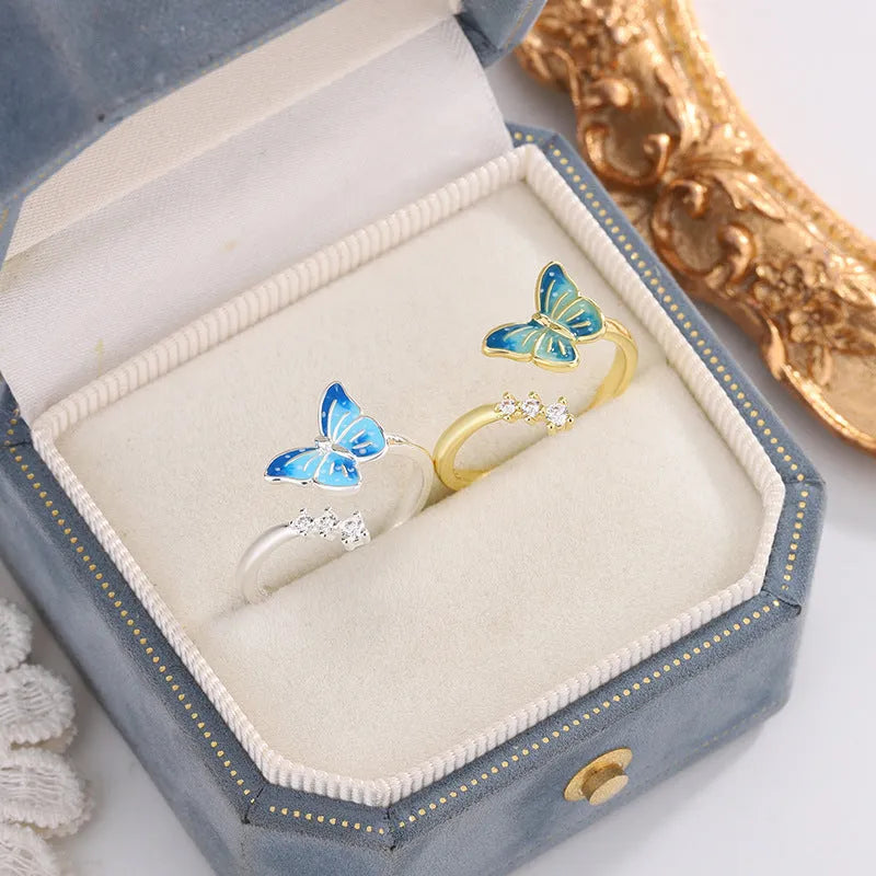 National style new Chinese enamel butterfly ring with adjustable opening, blue hue, copper base, silver finish