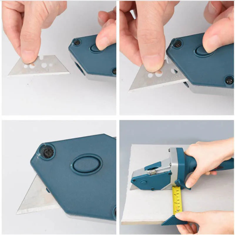 Blue aluminium alloy multifunctional woodworking cutter with scale and one-press lock for cutting boards.