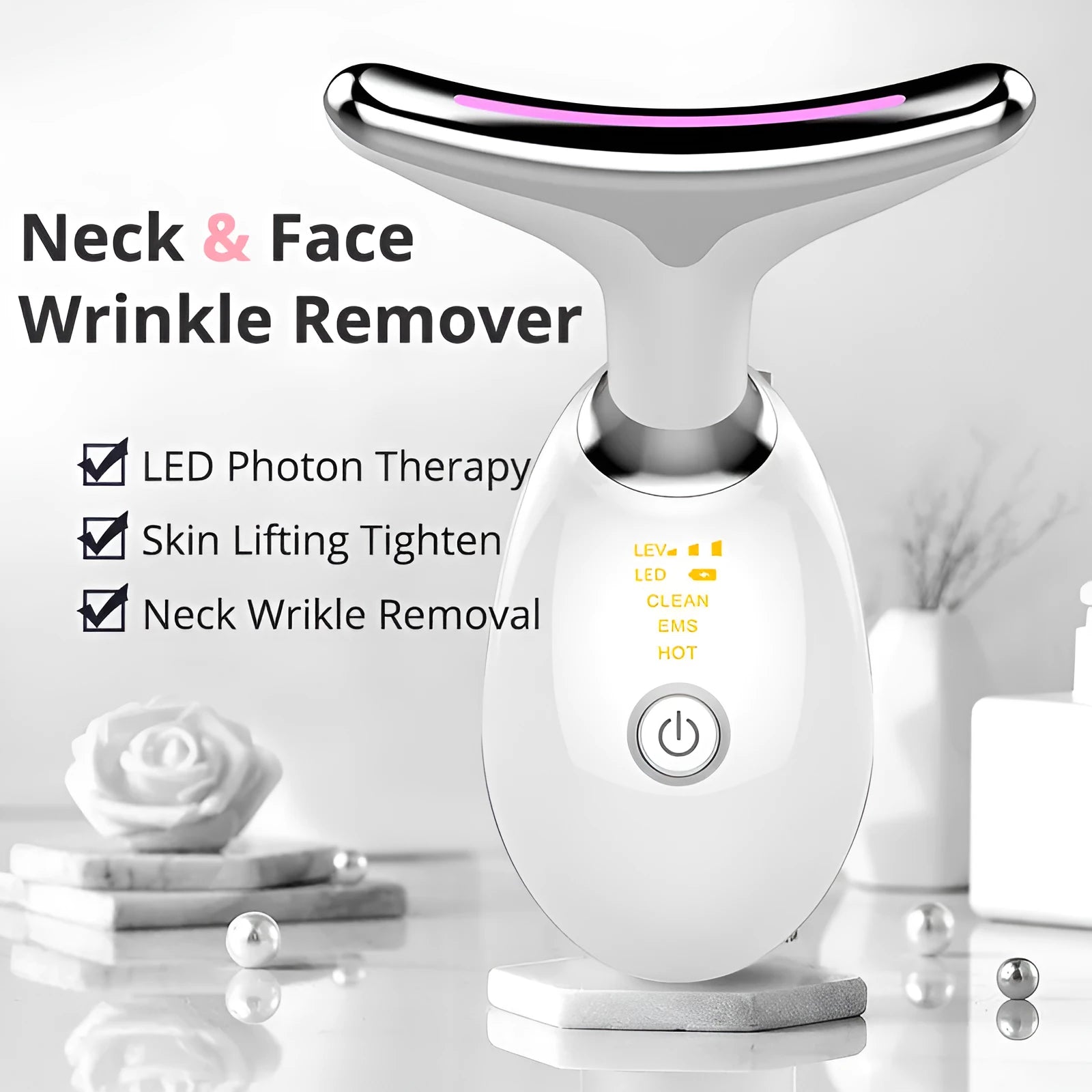 ES-1081 EMS thermal neck massager device with LED lights for skin tightening and wrinkle reduction.