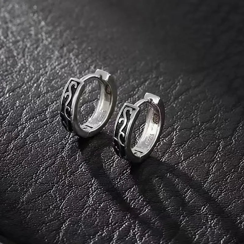 Men's silver geometric copper earrings showing 10mm and 14mm size options with auspicious cloud design