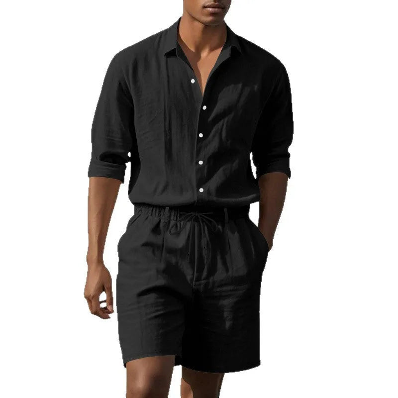 Men's linen beach suit set showing long sleeve shirt and matching shorts in available colours