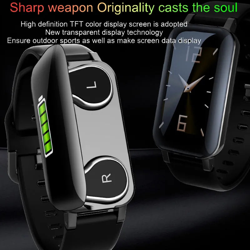 Call Bracelet smart fitness tracker on a wrist showing heart rate monitoring, available in black, blue, and coffee colours.