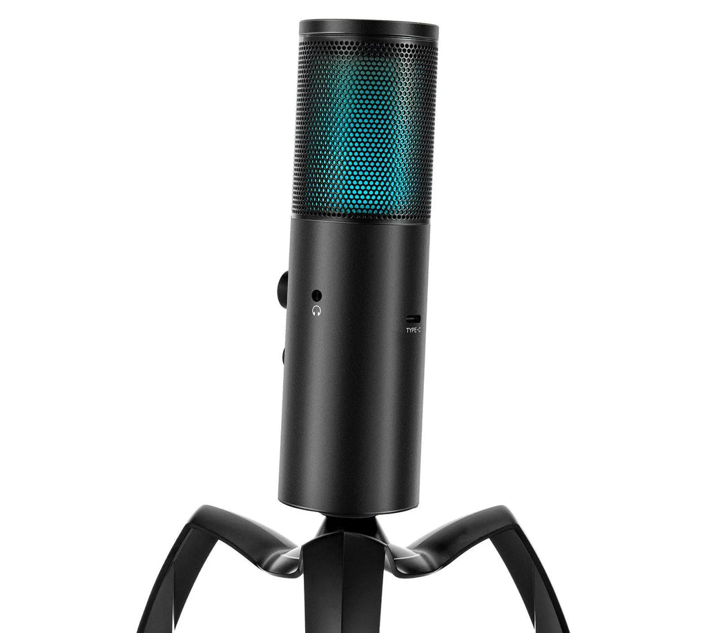 Black Q18 USB condenser microphone with RGB lights on adjustable metal tripod.