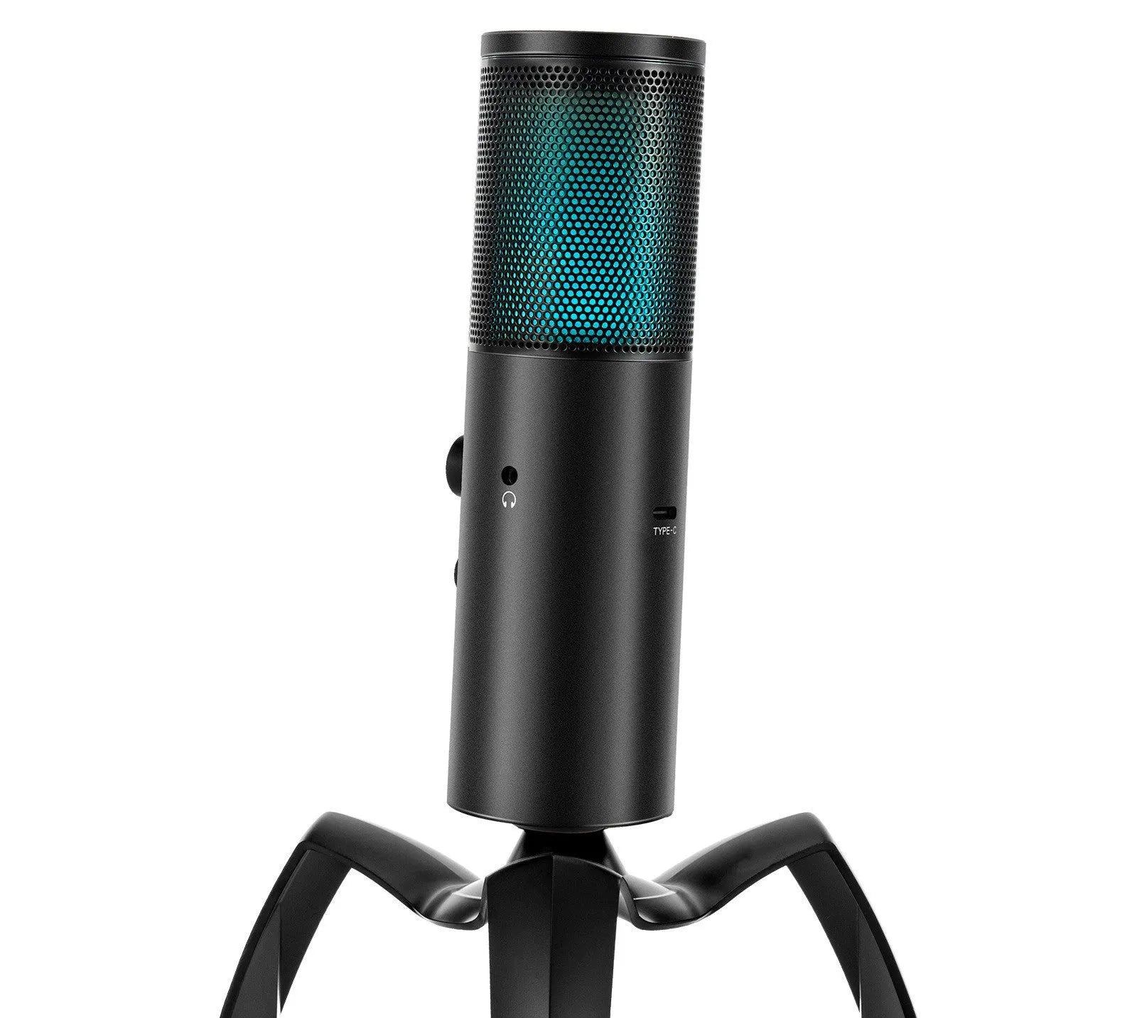 Black Q18 USB condenser microphone with RGB lights on adjustable metal tripod.