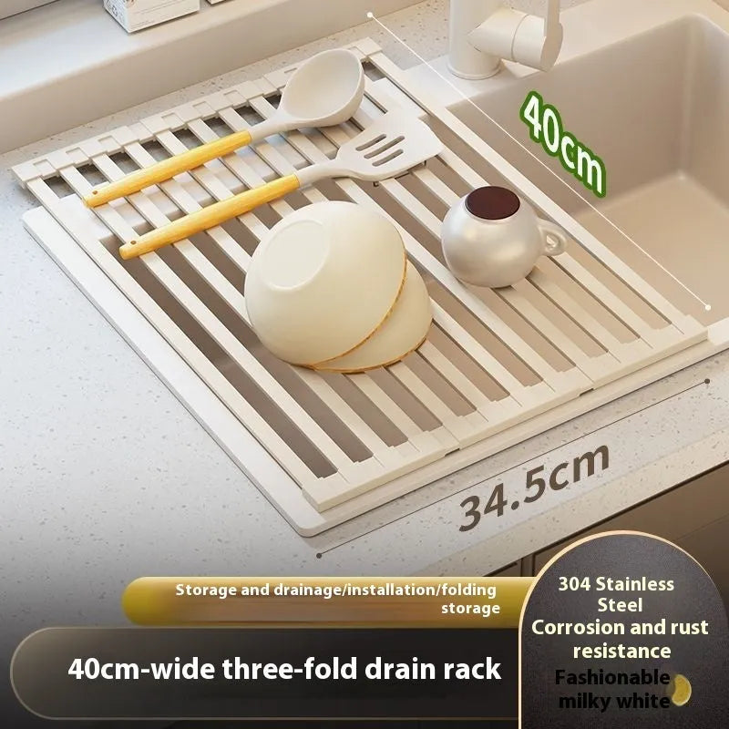 Milky White foldable stainless steel kitchen draining rack shown folded and unfolded.