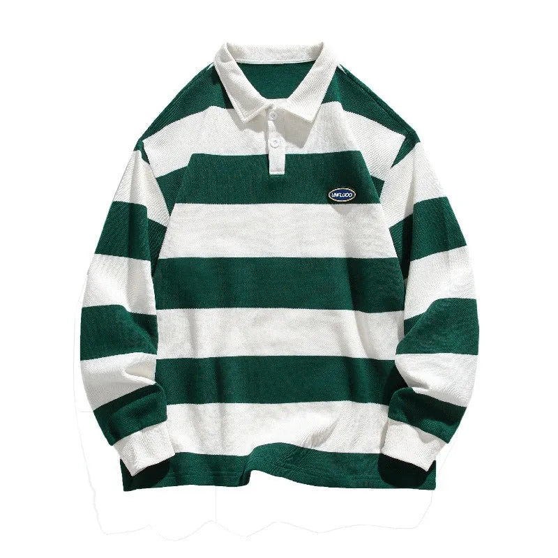 Striped Hong Kong style pearl cotton polo shirt with collar in loose fit autumn design