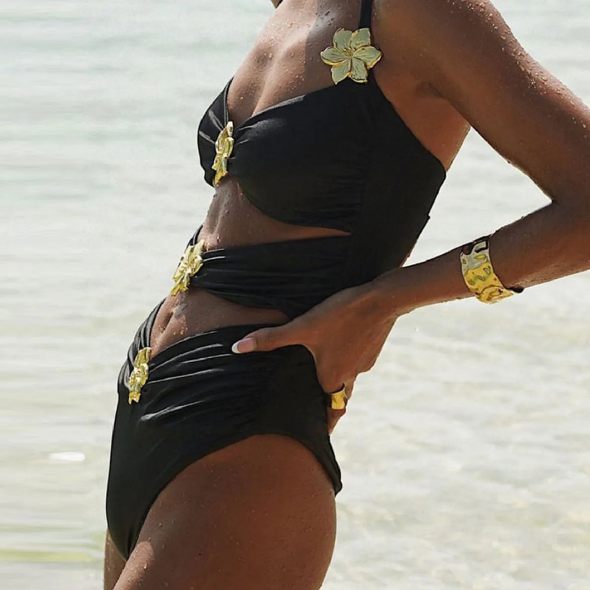 Solid colour high waist one-piece swimsuit for women with matching short skirt.
