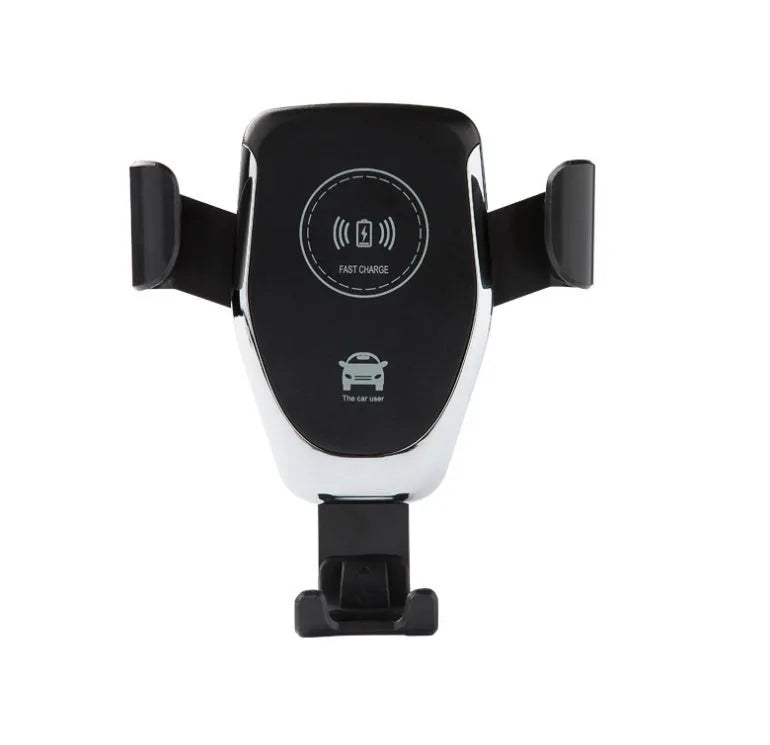 Black car wireless charger mounted on vent with iPhone secured by automatic clamping arms