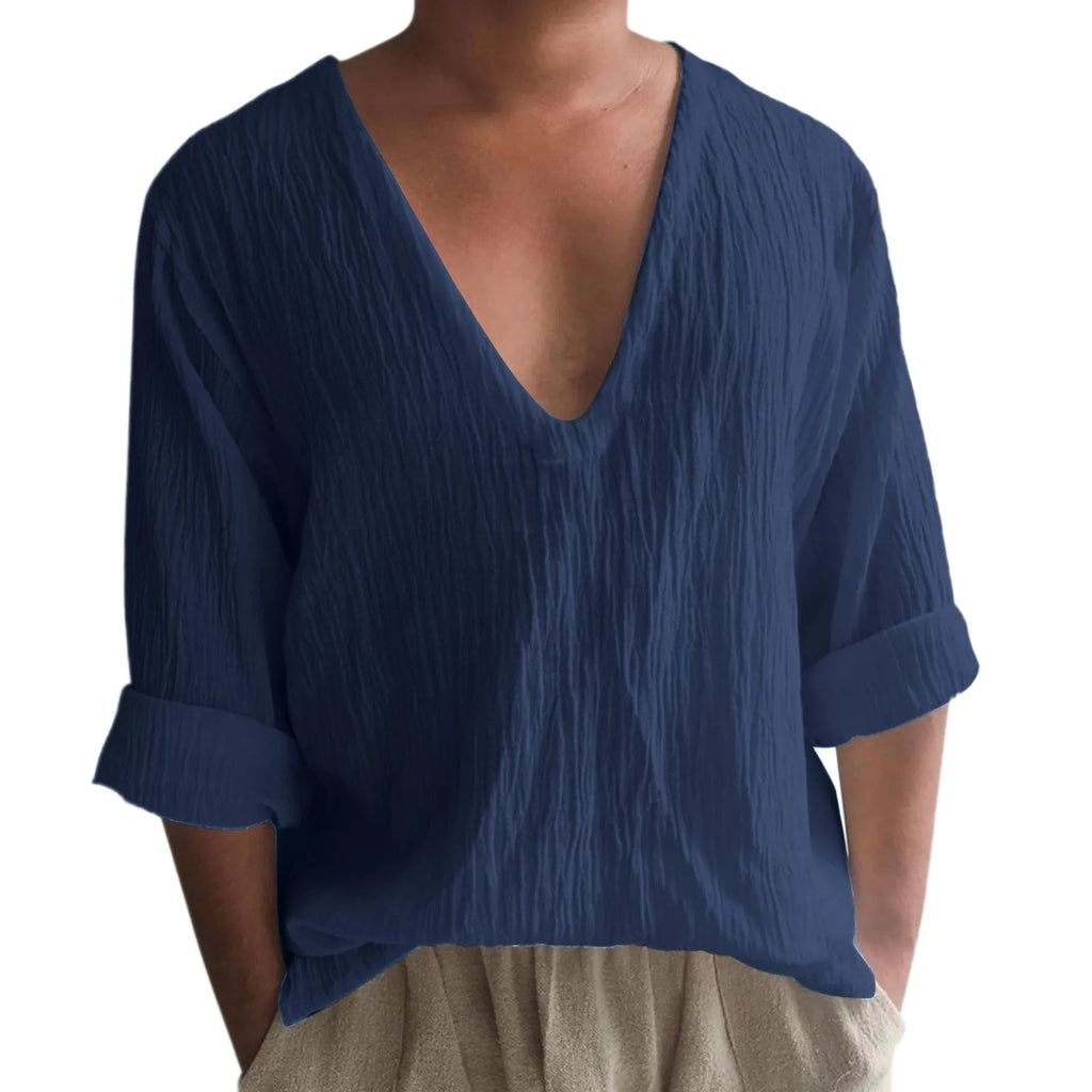 Men's solid colour V-neck long sleeve t-shirt in washed cotton linen blend on a hanger.