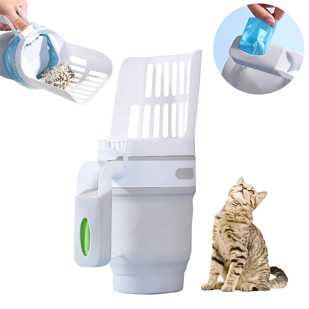 Grey foldable cat litter scoop and waste bin system with a non-slip handle and secure lid.
