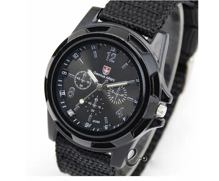 Cloth belt weaving military watch with quartz movement 40.5mm round dial and textile strap on display