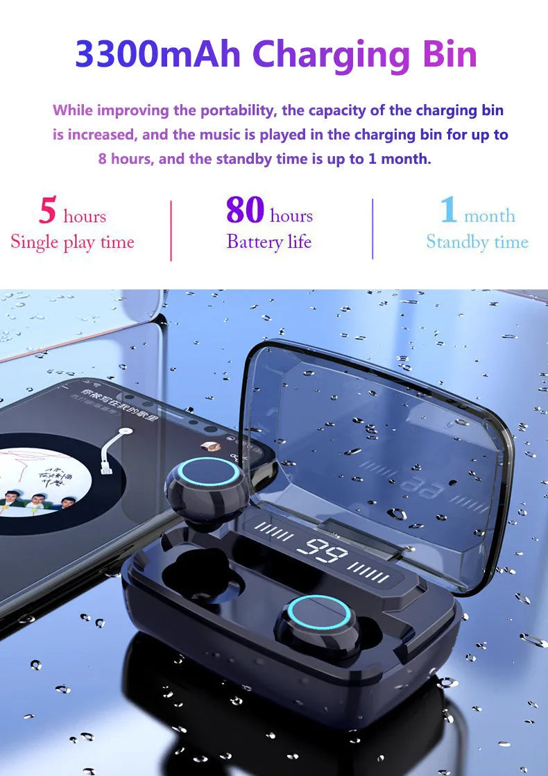 Black M11 Bluetooth wireless headset with digital display and integrated mobile phone holder.