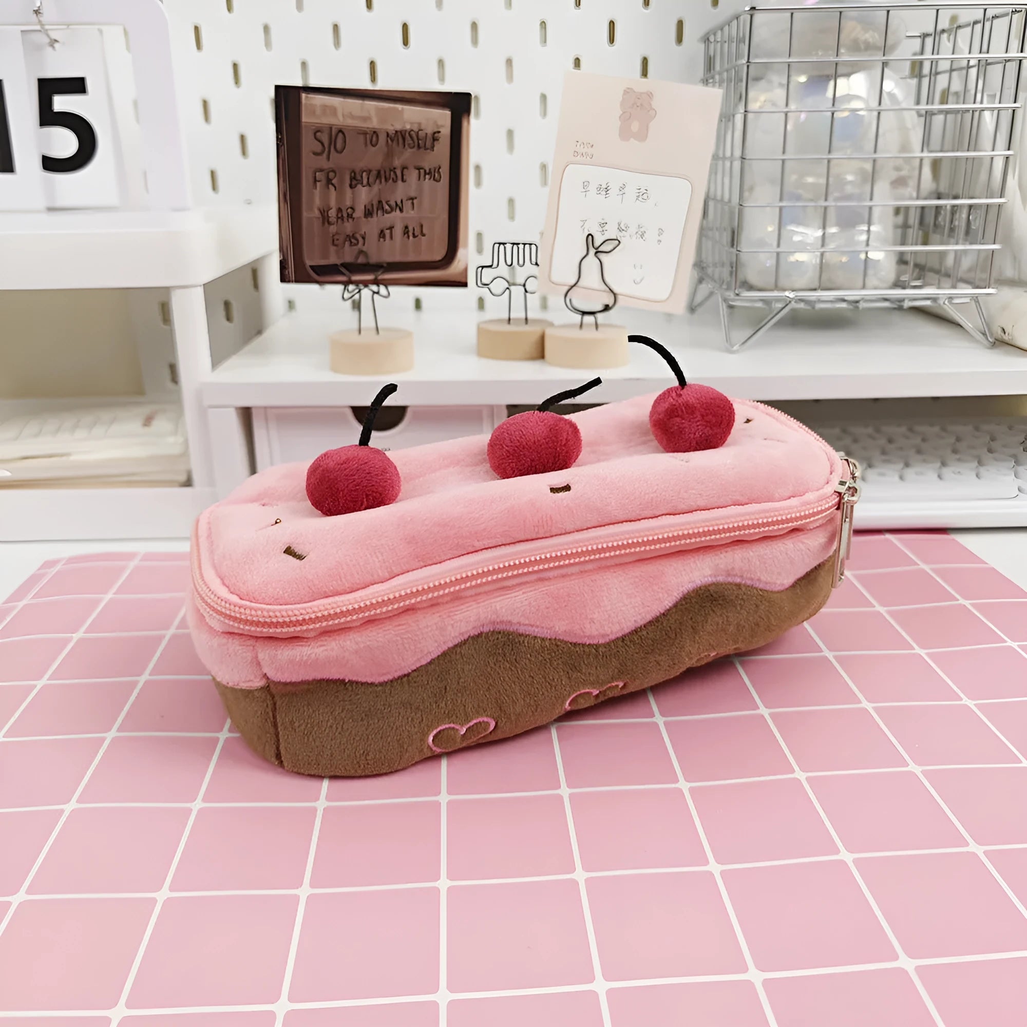 Cherry Cake coloured velvet pencil bag with Korean style design.