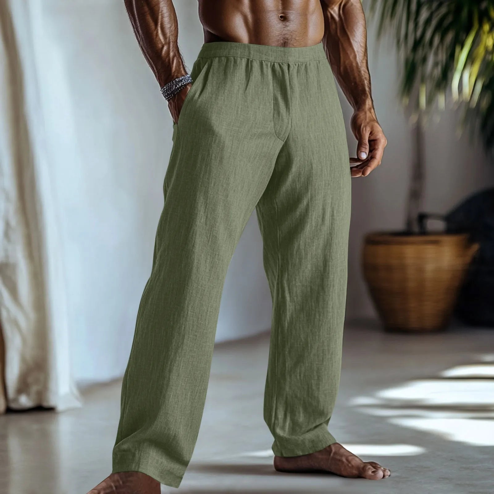 Men's straight leg casual trousers in cotton linen fabric showing front and side views
