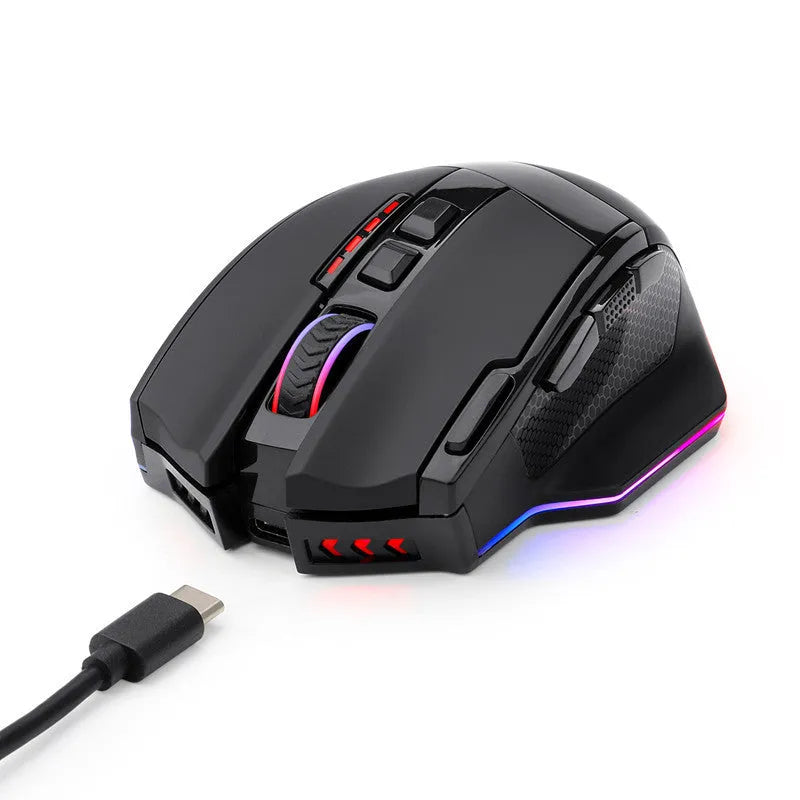 Redragon M801P black dual-mode gaming mouse showing nine buttons and ergonomic shape