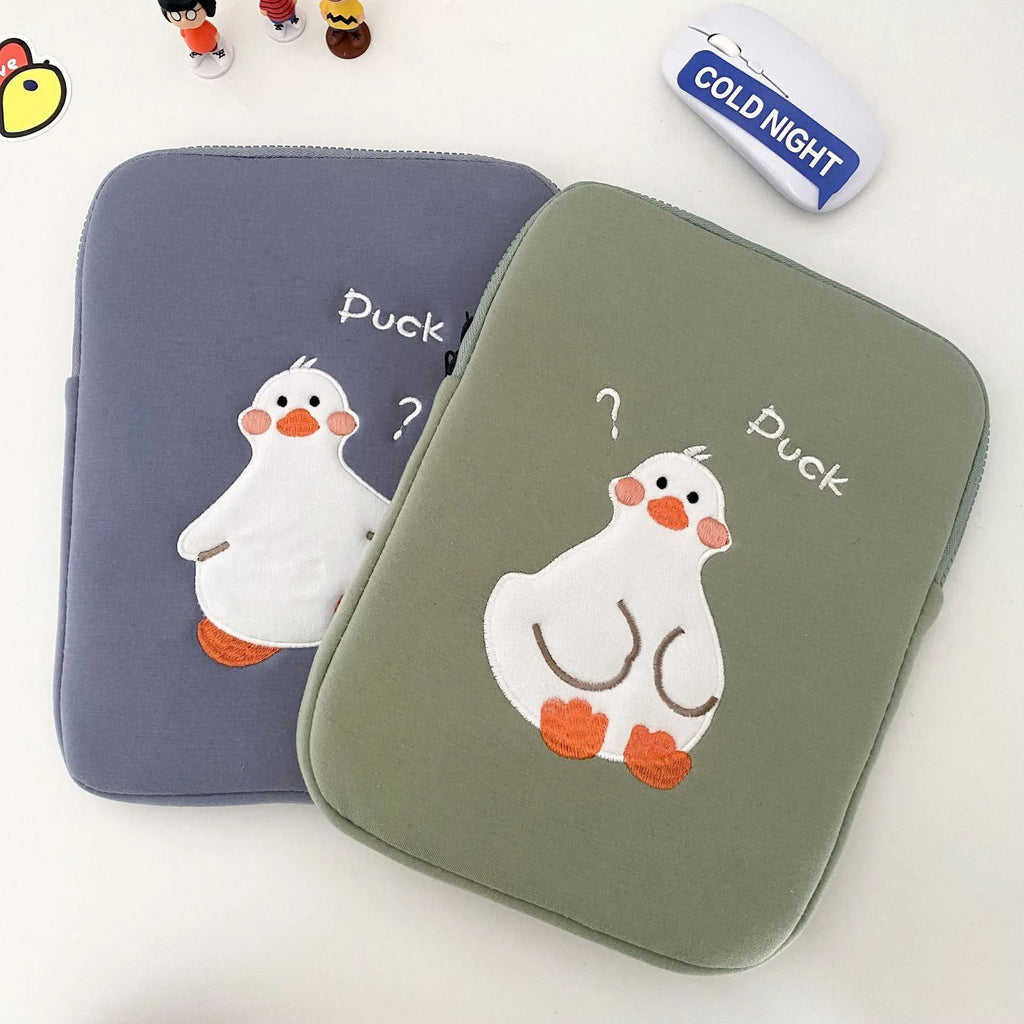 Blue cotton tablet case with cartoon duck embroidery and zipper closure for 11-16 inch devices