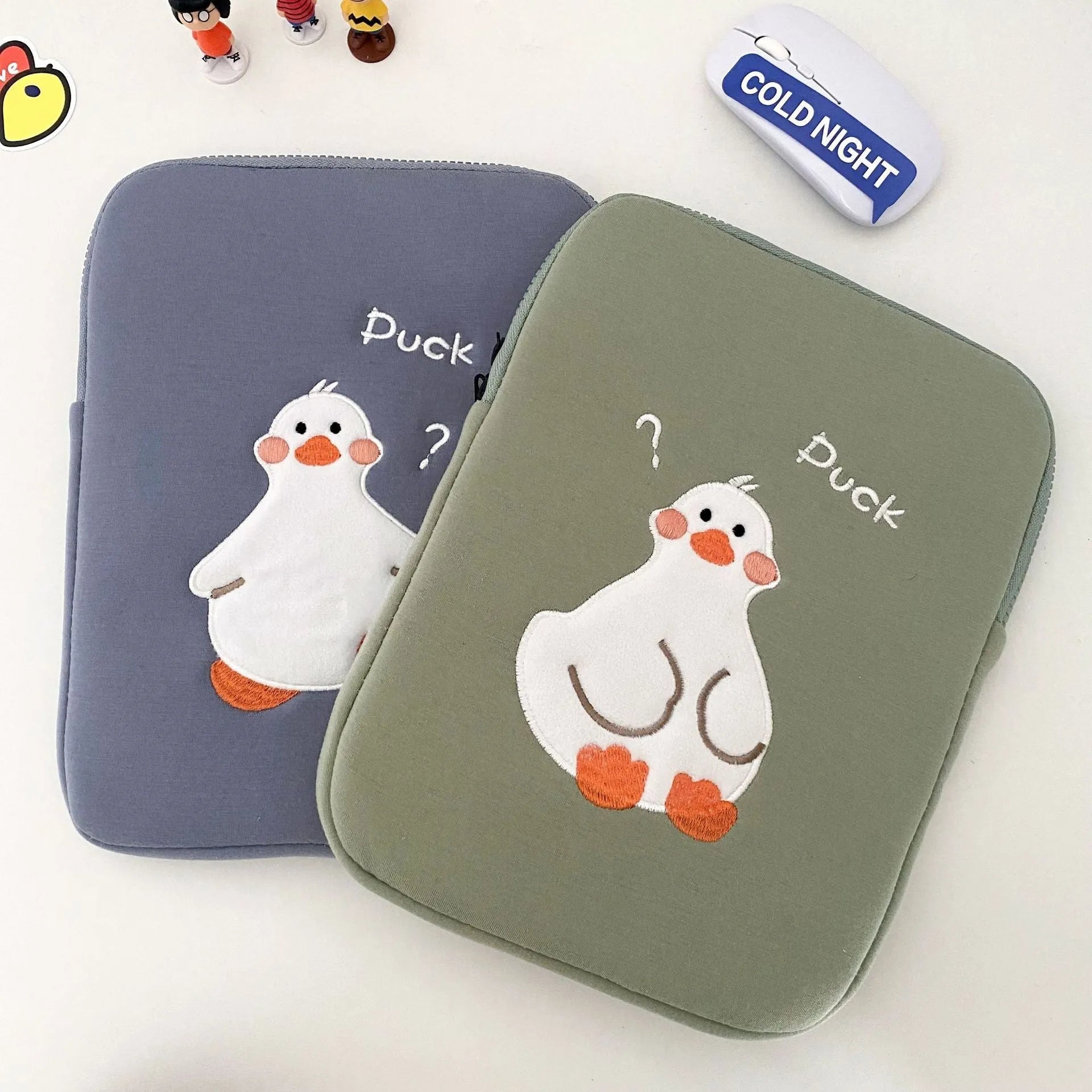Blue cotton tablet case with cartoon duck embroidery and zipper closure for 11-16 inch devices