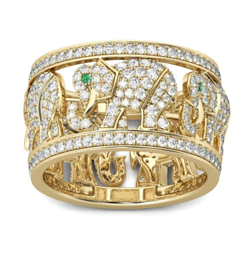 Close-up of creative full diamond design on elephant motif alloy fashion ring.