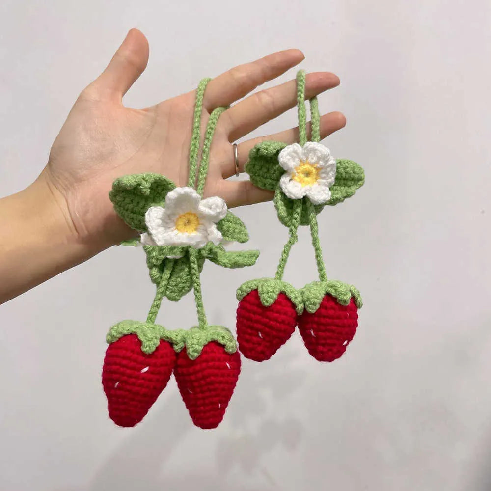 Handmade knitted strawberry car pendant decoration in cotton and hemp
