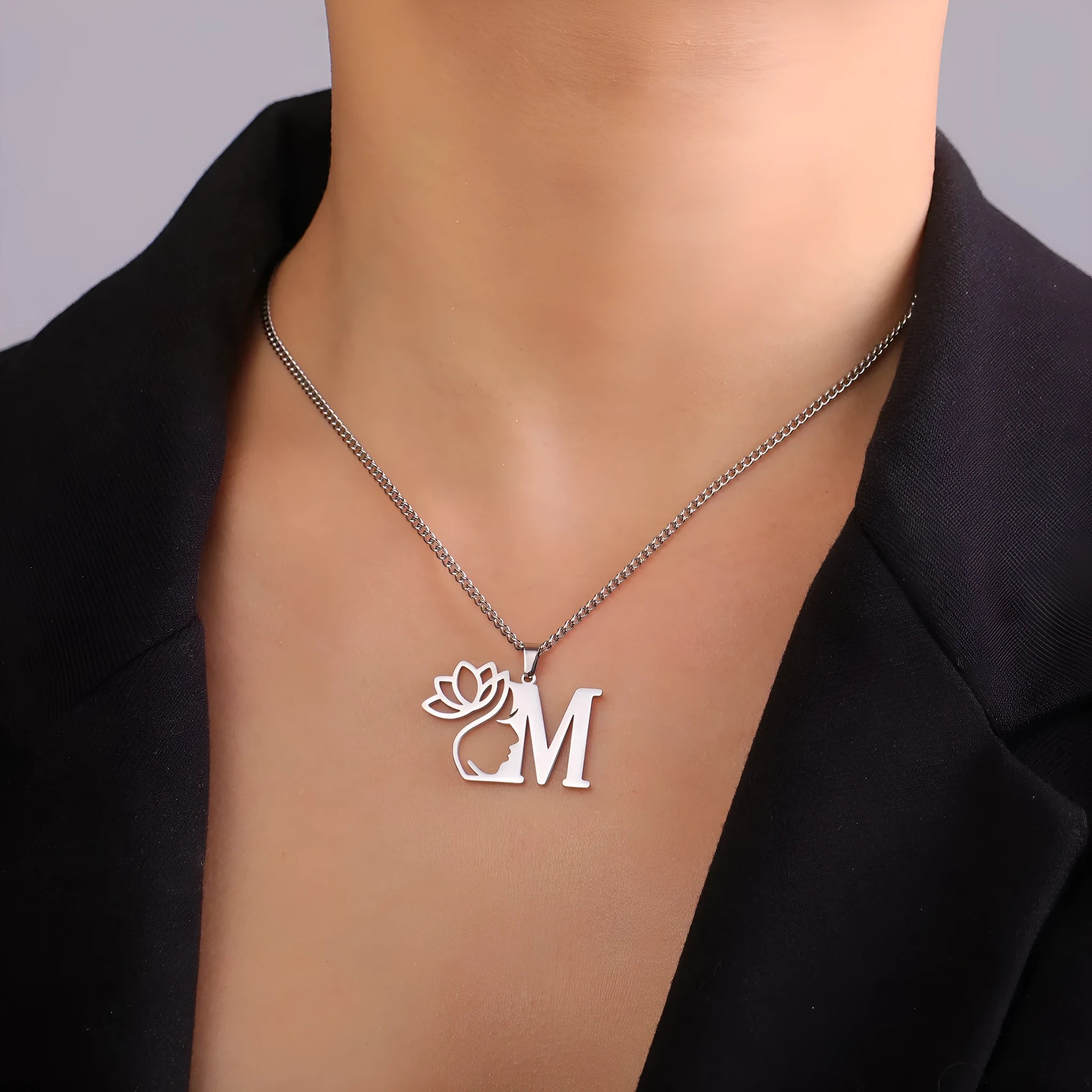 Stainless steel cross chain necklace with letter pendant in gold or silver electroplated finish