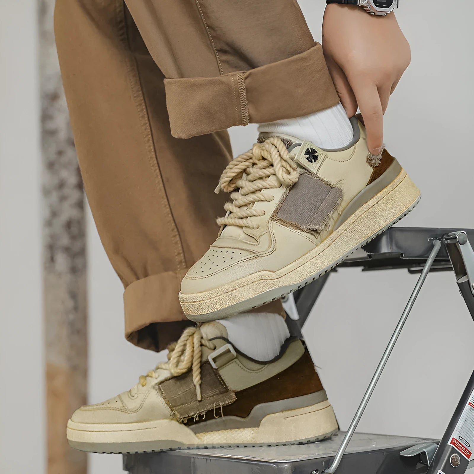 Beige low-top vintage skate shoes with lace-up front and rubber sole.