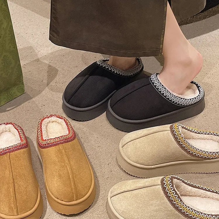 Women's suede cotton bag heel slippers in beige, warm indoor footwear for autumn winter with PVC sole
