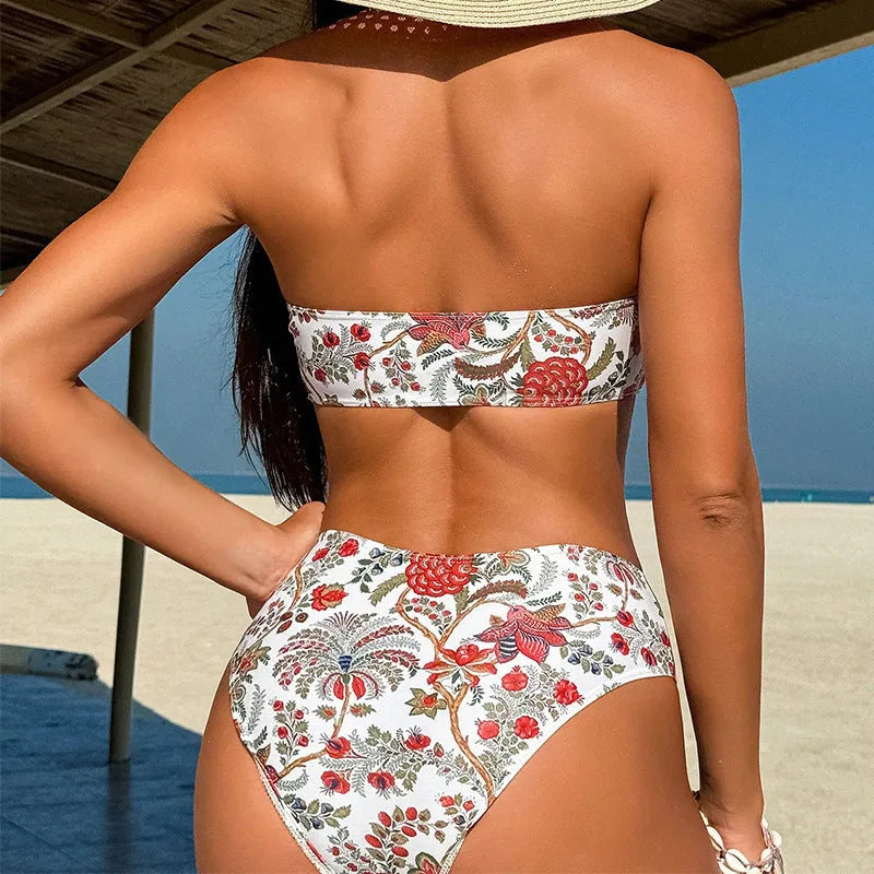 Women's printed bandeau triangle swimsuit top with matching shorts.